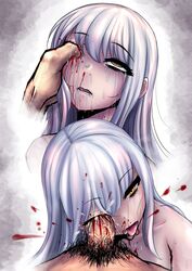 blood color crying crying_with_eyes_open cum cum_in_eye cum_inside death drooling duo duplicate erection eye_fucking eye_penetration female female_death female_focus female_penetrated femsub gore grey_hair guro highres long_hair male male_pubic_hair nazo_no_diaboro original penis pubic_hair ryona saliva skull_fucking snuff straight tears tongue tongue_out upper_body yellow_eyes