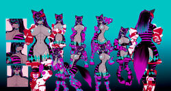 akira_(un0wned) android anthro black_body black_fur black_hair cat_girl demon female fur hair hellcat machine mecha model_sheet nipple_piercing nipples older_model piercing pink_tail ref_sheet un0wned