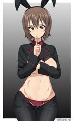 bikini_bottom blush brown_eyes brown_hair bunny_ears bunny_girl covering_breasts finger_to_mouth functionally_nude girls_und_panzer inoshira kuromorimine_military_uniform kuromorimine_school_uniform midriff navel nishizumi_maho pussy_wedgie reverse_bunnysuit short_hair tights topless topless_female watermark