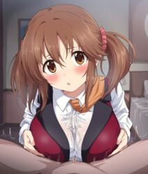 1boy :o blush breasts brown_eyes brown_hair clothed_female_nude_male commentary_request eyebrows_visible_through_hair female hair_between_eyes hair_ornament hair_scrunchie highres idolmaster idolmaster_cinderella_girls indoors large_breasts looking_at_viewer necktie nude orange_neckwear paizuri paizuri_under_clothes red_scrunchie revision royale_style_(idolmaster) scrunchie shirt sincos solo_focus straight totoki_airi twintails upper_body white_shirt