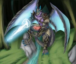 anthro armor claws clothing dragon erection forest genitals hamili horn lake looking_at_viewer male muscular muscular_male pecs penis plant rock scalie solo tree warrior weapon wings