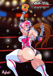 ass belt big_ass black_panties brown_eyes brown_hair bubble_butt championship_belt clothed clothed_female dat_ass feathers jaycee jaycee_(tekken) julia_chang legs long_hair luchador mask namco panties pose posing rukasu tekken tekken_tag_tournament_2 thick_thighs thighs twintails v v_sign victory_sign wrestler wrestling wrestling_outfit wrestling_ring xwf