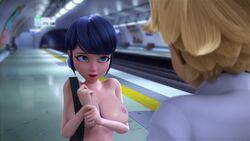 1boy adrien_agreste blue_eyes blue_hair ferjuasi hairbun huge_breasts large_breasts male marinette_cheng marinette_dupain-cheng miraculous_ladybug public public_nudity subway tagme unseen_male_face