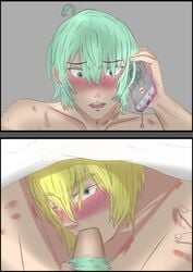 blowjob byleth_(fire_emblem) byleth_(fire_emblem)_(male) darkness dimitri_alexandre_blaiddyd eye_contact fire_emblem fire_emblem:_three_houses gay geyytt head_tilt heart_ahoge hickey_marks male_only oral phone_call pov under_covers under_sheets yaoi