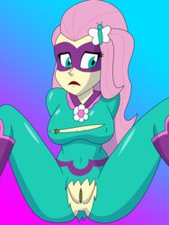 equestria_girls female_superhero fluttershy_(eg) fluttershy_(mlp) green_eyes hands_behind_back my_little_pony nipples pink_hair power_ponies_(mlp) pussy rancidearth saddle_rager_(mlp) sitting straight_hair superheroine torn_clothes