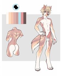 4_toes 5_fingers anthro ass balls blonde_hair blue_eyes brown_body brown_fur brown_nose canid canine caromi claws digital_media_(artwork) erection feet fingers fur genitals glans grey_background hair hand_on_hip hi_res humanoid_genitalia humanoid_penis looking_at_viewer male mammal model_sheet navel nipples nude penis pink_nipples pink_penis simple_background smile solo toe_claws toes unnamed_brown_canine_(signalstar) white_body white_fur