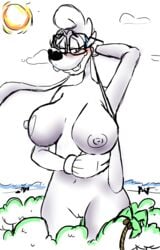 absurd_res anthro big_breasts blush bodily_fluids breasts canid canine canis clothing disney domestic_dog fan_character female gloves goof_troop handwear hi_res island long_ears macro mammal max_female nebula_(toonsexual) nervous nervous_smile nervous_sweat nipples outside pussy sketch solo sweat thick_thighs toonsexual toony