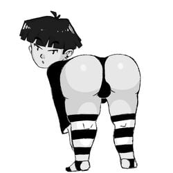 1boy ass ball_bulge big_ass big_butt black_and_white black_hair bulge clothed earrings femboy gay krendel looking_at_viewer original_character pale_skin panties presenting_ass rear_view short_hair sketch solo stockings striped_legwear thong trap