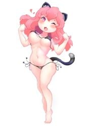 :3 adorable belly belly_button black_lingerie bounce breasts cat_ears cat_tail catgirl cheerful cute cute_face cutiepie feet hands jumping kalia3see lingerie neko original original_artwork original_character pink_eyes pink_hair smooth_skin toes wink winking_at_viewer