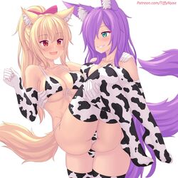 2girls animal_ears animal_tail ass bikini blonde_hair blue_eyes blush breasts cameltoe carrying cat_ears cat_tail catgirl cow_print cow_print_armwear cow_print_thighhighs dirtykuro elbow_gloves female female_only fox_ears fox_girl fox_tail gloves kemonomimi kuro_(foxykuro) large_breasts nekomimi original_character ponytail purple_hair red_eyes swimsuit tagme tail thick_thighs thighhighs tiffy tiffynyaa white_background