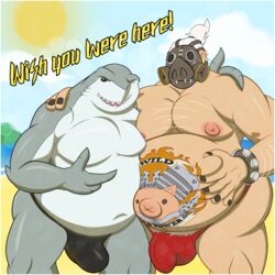 1:1 2_fingers 2boys absurd_res anthro bara beach belly belly_grab benjibat big_belly blizzard_entertainment body_hair border bulge clothed clothing dc dc_comics duo english_text fat fat_man fingers fish gas_mask gay hand_on_shoulder hi_res human king_shark male male_only mammal marine mask moobs multiple_boys navel nipples obese obese_male outie_navel overwatch overwatch_2 overweight overweight_male pubes puffy_nipples roadhog sea seaside shark skimpy sun tattoo text thong underwear video_games water white_border