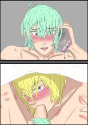 blowjob byleth_(fire_emblem) byleth_(fire_emblem)_(male) dimitri_alexandre_blaiddyd eye_contact fire_emblem fire_emblem:_three_houses gay geyytt head_tilt heart_ahoge hickey_marks male_only oral phone_call pov under_covers under_sheets yaoi