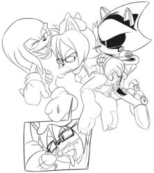 2boys anthro bluebee breasts close-up cum cum_in_mouth cumshot echidna fan_character fellatio female female fox glasses gloves hair knuckles_the_echidna lying male metal_sonic nipples oc one_eye_closed open_smile robot sex smile sonic_(series) spikes threesome