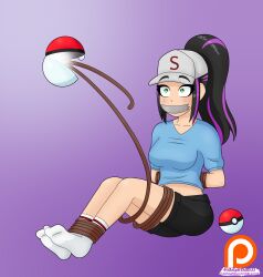 black_hair bondage crop_top female female_only green_eyes midnightsnacc33 oc pokeball pokemon pokemon_trainer ponytail rope rope_bondage shorts socks suprised suprised_expression tape_gag tied_up