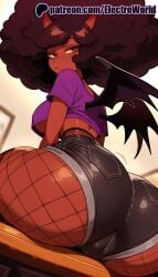 1girls 2025 ai_generated artist_name ass bat_wings brown_hair coco_(helluva_boss) dark_skin demon_girl demon_tail demon_wings electroworld female fishnet_legwear fishnets helluva_boss hi_res high_quality high_resolution highres horns long_hair mini_wings patreon patreon_username solo stable_diffusion thick_thighs thighs watermark wings