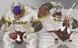 2025 5_fingers adios anthro armor balls baseball_(sport) baseball_cap baseball_uniform belt benkei_musashibo big_penis blush bodily_fluids bottomwear bovid bovid_horn bovine bovine_horn bracers brown_balls brown_body brown_fur brown_penis bull_horn cattle clenched_teeth clothed clothing covered_eyes cum cum_on_hand disembodied_hand ejaculation excessive_cum excessive_genital_fluids facial_piercing fingers fur genital_fluids genitals grey_background hat headgear headwear hi_res horn humanoid_genitalia humanoid_penis hunchback male mammal masturbation multiple_scenes muscular muscular_male nipple_outline nose_piercing nose_ring open_belt open_bottomwear open_clothing open_pants pants penis piercing precum raised_arm retracted_balls ring_piercing shaking simple_background sitting solo sport sportswear sweat teeth uniform