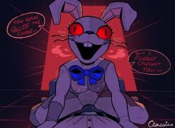 1boy 1girls animal_costume artist_name artist_signature before_sex belt bow bulge bulge_through_clothing classica_p costume dry_humping english english_text five_nights_at_freddy's five_nights_at_freddy's:_security_breach grinding grinding_on_penis grinding_through_clothes heart heart_symbol huff huffing mask masked masked_female on_floor pinned pinned_down rabbit rabbit_costume rabbit_ears red_eyes speech_bubble straight sweating sweaty sweaty_body text unseen_male_face vanny_(fnaf) visible_breath wet_clothes