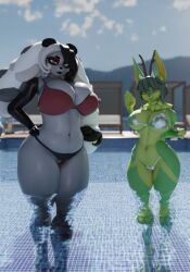 2025 3d_(artwork) 5_fingers anthro antlers atoastedorange bear big_breasts bikini bikini_thong black_bikini_bottom black_body black_fur blender_(artwork) blue_sky breasts cleavage clothed clothing curvy_figure day deer digital_media_(artwork) duo eyelashes feet female fingers fur genitals gesture giant_panda green_body green_fur green_hair grey_hair hair hand_on_hip hand_on_own_hip hi_res hindpaw horn huge_thighs looking_at_viewer mammal mei-li_(akikosfm) multicolored_body multicolored_fur multicolored_hair natsu_(natsu_o3o) navel neck_tuft outside partially_submerged paws pussy pussy_floss red_bikini_top red_eyes skimpy skimpy_bikini sky smile swimming_pool swimwear thick_thighs tuft two-piece_swimsuit two_tone_body two_tone_fur voluptuous voluptuous_anthro voluptuous_female vulva waving waving_at_viewer white_body white_fur white_hair wide_hipped_anthro wide_hipped_female wide_hips yellow_eyes