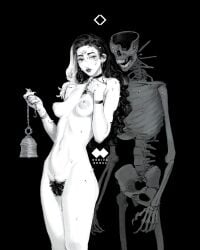 1other \\\\||/ artist_logo artist_name asymmetrical_hair behind_another bell black_background body_jewelry breasts breasts_apart chains chest_hair choker clitoral_hood closed_mouth cowboy_shot earrings excessive_pubic_hair female fingernails forehead_jewel godiva_ghoul gradient_hair greyscale heterochromia highres holding holding_bell jewelry large_areolae lips lipstick logo long_fingernails long_hair looking_at_viewer makeup medium_breasts monochrome multicolored_hair multiple_rings navel nipples nostrils open_mouth original parted_hair perky_breasts pubic_hair ring sharp_fingernails simple_background skeleton skull standing thighs undead w_arms wavy_hair wristband