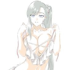 1girls areola areola_slip areolae areolae_peeking asymmetrical_bangs big_breasts bikini bikini_bottom bikini_lift bikini_top black black_hair bleach bleach_brave_souls blue_eyes breast_press breast_squeeze breasts burn_the_witch busty cleavage clothed clothes_lift clothing collaboration collarbone fanart female female_focus female_only frilled_bikini frills front_view grey_hair hair_ornament hair_tie high_resolution highres large_breasts light-skinned_female light_skin long_hair looking_at_viewer mitsugu navel nipple_peek nipple_slip no_background noel_niihashi official_alternate_costume parted_lips pink_areola ponytail seashell seashell_hair_ornament second-party_source shading shell side_ponytail smile smiling solo solo_female solo_focus starfish starfish_(accessory) starfish_hair_ornament strap_pull straps string_bikini summer swept_bangs swimsuit swimwear teasing teasing_viewer tied_hair undressing untied_bikini upper_body very_long_hair white_background white_bikini