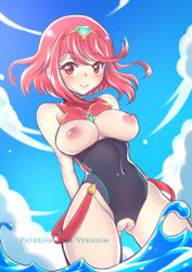 1girls background bare_shoulders big_breasts blush breasts breasts_out collarbone exposed_breasts exposed_pussy eyebrows_visible_through_hair headwear looking_at_viewer navel nintendo nipples ocean one-piece_swimsuit pussy pyra red_eyes red_hair short_hair sky swimsuit uncensored vekneim water xenoblade_(series) xenoblade_chronicles_2