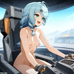 (titancore) ai_generated braided_hair breasts cockpit curvy_figure cute_girl female girl green_eyes hair_ornament innocent light_blue_hair long_hair mech_cockpit naked seed_(zenless_zone_zero) simulation sitting_down small_breasts sweatdrop video_game_character zenless_zone_zero