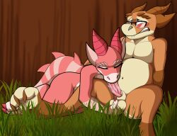 anthro balls bite biting_lip biting_own_lip blush bodily_fluids brown_body claws digital_media_(artwork) duo erection eyewear fellatio female flustered forest genitals glasses grass hi_res horn kobold lizard lying lying_on_another male male/female male_penetrating nature nude oral oral_penetration outside penetration penile penis pink_body plant porky reptile scales scalie self_bite sex sitting sitting_on_grass tail teeth tree watchit