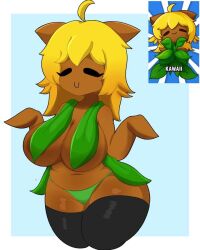 areolae bikini bikini_bottom blonde_hair blue_background chubby chubby_female convenient_censoring covered_nipples humanized large_breasts leaf_clothing light_blue_background plant_girl plants_vs_zombies pvzlatam short_hair simple_background smile thick_ass thick_thighs white_body