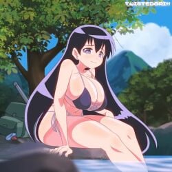 animated arato_nagi artist_name bikini black_hair blue_sky bouncing_breasts breasts closed_mouth commentary day female hair_between_eyes huge_breasts light_smile long_hair looking_at_viewer mountain nagi_arato nature navel outdoors ruri_no_houseki ruri_rocks side-tie_bikini_bottom sitting sky solo strap_gap string_bikini swimsuit tagme thighs tree twistedgrim underboob very_long_hair video