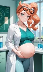 ai_generated ginger_female ginger_hair looking_at_viewer pokemon pokemon_professor pokemon_ss pregnant pregnant_female smiling_at_viewer sonia_(pokemon)