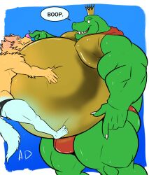 anthro belly belly_squish big_belly blush blush_lines blushing bulge canid canine canis cape clothing crocodile crocodilian crown donkey_kong_(series) duo fur green_body headgear huge_belly k_rool male male/male mammal musclegut muscular nintendo nose_boop orange_body orange_fur reptile scalie size_difference tagme thong underwear wolf yellow_body