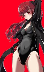 1girl :o black_jacket black_leotard blush breasts covered_navel cowboy_shot jacket kasumi_yoshizawa leotard long_hair looking_at_viewer medium_breasts open_clothes open_mouth persona persona_5 persona_5_royal ponytail red_background red_eyes red_gloves red_hair simple_background solo standing sumire_yoshizawa