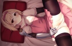 1girls blonde_hair brown_eyes clothing djeeta_(granblue_fantasy) female granblue_fantasy hair panties panties_aside panty_pull pussy pussy_peek shaved_pussy short_hair small_breasts solo spread_legs uncensored zen33n zen_o_(zen33n)