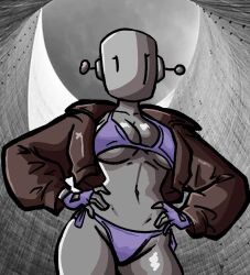1girls bald bald_female belly belly_button bikini bikini_bottom bikini_top black_eyes brown_jacket chetoh cleavage female female_focus female_only fingerless_gloves gloves grey_body hand_on_hip jacket jacket_open metal_body no_mouth oc original original_character photo_background purple_bikini robot robot_girl