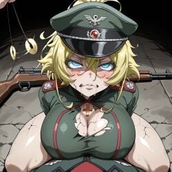 ai_generated blush cleavage collarbone drool female hypnosis large_breasts military_hat mind_break nsfw pov rifle stern_expression submissive sweat tanya_degurechaff uniform youjo_senki