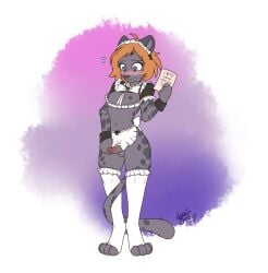 2025 anthro apron balls blush bodily_fluids clothed clothing digitigrade eyebrows felid fingers flying_sweatdrops foreskin frilly frilly_clothing frilly_headwear frilly_legwear genitals glans hair headgear headwear hi_res legwear maid_uniform mammal nekostar nipples orange_hair pantherine penis skimpy snow_leopard sweat sweatdrop thigh_highs uniform white_apron white_clothing white_legwear white_thigh_highs