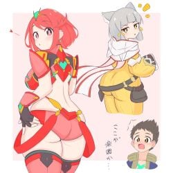 1boy 2girls alternate_version_available anger_vein ass ass_focus backless_outfit big_ass big_breasts big_butt black_gloves bodysuit breasts bubble_ass bubble_butt busty cat_ears cat_girl curvaceous curvy curvy_female curvy_figure cute fat_ass feline feline_humanoid female female_focus fingerless_gloves gloves gray_hair grey_hair heart hi_res high_resolution highres hoodie jacket japanese_text jumpsuit large_ass large_breasts light-skinned_female light_skin looking_back male medium_hair monolith_soft nia nia_(xenoblade) nintendo pyra_(xenoblade) red_hair red_thighhighs rex_(xenoblade) shorts sideboob silver_hair simple_background spoken_heart tagme tassel tassel_hair_ornament tassels text thick_thighs thighhighs thighs uncool_mochi voluptuous voluptuous_female white_background xenoblade_(series) xenoblade_chronicles_(series) xenoblade_chronicles_2 yellow_eyes