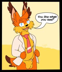 1boy anthro balls blue_eyes bobcat bubsy bubsy_(series) clothing coat dialogue erection felid feline fur furry furry_male furry_only genitals looking_at_viewer male male_only mammal necktie open_mouth orange_fur penis red_necktie solo solo_focus solo_male sowelilili tail text text_bubble white_coat