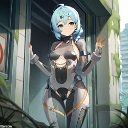 (titancore) ai_generated battlesuit braided_hair breasts cockpit curvy_figure cute_girl exploration female girl green_eyes hair_ornament innocent light_blue_hair long_hair naked overgrown ruined_city seed_(zenless_zone_zero) sitting_down small_breasts video_game_character zenless_zone_zero
