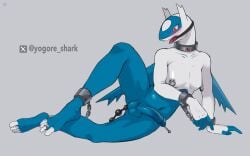 5_fingers 5_toes anal_beads anthro artist_name balls blue_body blue_countershading blush countershade_face countershade_fingers countershade_toes countershading cuff_(restraint) digit_ring feet fingers gag generation_3_pokemon genitals glans grey_background hi_res jewelry latios legendary_pokemon male markings navel nintendo nipple_piercing nipples penis piercing plantigrade pokemon pokemon_(species) red_eyes red_markings restraints ring ring_gag sex_toy shackled_ankles shackled_wrists shackles shaded simple_background solo text toe_ring toes tongue tongue_out white_body white_countershading yogore_shark