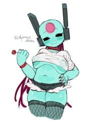 5_fingers alretta antennae_(anatomy) belly big_breasts big_nipples black_eyes blue_body blush bottomwear bracelet breasts candy clothing collar colored_nails dessert exposed_belly exposed_breasts female fingers fishnet_clothing fishnet_legwear fishnet_thigh_highs food head_markings hotpants humanoid iterator_(rain_world) jewelry legwear lollipop looks_to_the_moon_(rain_world) machine markings nails nipples rain_world red_collar red_nail_polish robot robot_humanoid shirt shorts solo thigh_highs topwear translucent translucent_clothing videocult