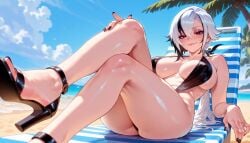 1girls ai_generated arlecchino_(genshin_impact) ass balecxi bangs bare_shoulders beach beach_chair bikini black_eyes black_footwear black_hair black_nails black_one-piece_swimsuit black_swimsuit blue_sky blush breasts cleavage closed_mouth clothing cloud covered_nipples crossed_legs curvaceous curvaceous_female curvaceous_figure curvy curvy_figure day exhibitionism feet female female_focus female_only foot_focus genshin_impact hair_between_eyes hand_on_own_knee high_heels inviting inviting_to_sex jewelry knee_up large_breasts legs long_hair looking_at_viewer lying multicolored_hair nail_polish ocean on_back one-piece_swimsuit outdoor_nudity outdoor_sex outdoors outside outside_sex palm_tree presenting presenting_ass presenting_breasts presenting_hindquarters presenting_pussy presenting_self sand sandals seductive seductive_look seductive_smile sitting sky slingshot_swimsuit smile solo strappy_heels streaked_hair swimsuit symbol-shaped_pupils thighs toenail_polish toenails toes tree voluptuous voluptuous_female water white_hair x-shaped_pupils