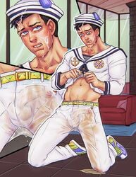 1boy 4_balls abs balls clothed crying cum cum_on_face embarrassed garikaliev jojo's_bizarre_adventure jojolion josuke_higashikata_(jojolion) male male_focus male_only multi_balls multi_genitalia muscular muscular_male peeing peeing_self penis penis_under_clothes penis_visible_through_pants piss piss_soaked pissing sailor_uniform shirt_lift solo solo_focus solo_male tagme toned toned_male urination watersports wet_clothes what