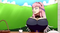 1girls alternate_breast_size breasts cake cleavage cleavage_cutout earrings female fire_emblem fire_emblem:_three_houses fully_clothed fusion garden hair_ornament hilda_valentine_goneril huge_breasts large_breasts light lysithea_von_ordelia lysithea_von_ordelia_(cosplay) multicolored_hair nintendo pink_eyes pink_hair signature solo tagme tea_cup top_view white_hair ydbunny