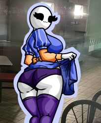 1girls :3 ass ass_focus bald bald_female black_eyes blue_shirt breasts chetoh claire_(chetoh) egg female female_focus female_only looking_at_viewer looking_back looking_back_at_viewer oc original original_character panties photo_background purple_panties purple_stockings raised_skirt rear_view shirt skirt smile smiling smiling_at_viewer stockings white_body