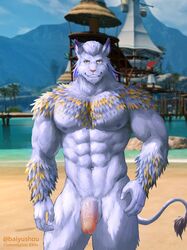 2020 abs anthro baiyushou balls beach biceps blue_body blue_fur blue_hair chest_fur detailed_background felid final_fantasy final_fantasy_xiv front_view fur genitals hair hi_res hrothgar looking_at_viewer male male_only mammal muscular muscular_anthro muscular_male nipples nude open_mouth orange_eyes orange_stripes pecs penis pinup portrait pose quads sand seaside smile solo square_enix stripes teeth three-quarter_portrait triceps vein veiny_penis video_games water