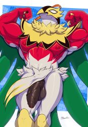 2025 3_fingers abstract_background absurd_res anthro artist_name avian balls biceps biped bird black_balls black_penis cape claws clothing colored digital_drawing_(artwork) digital_media_(artwork) english_text fingers flaccid flexing foreskin fur generation_6_pokemon genitals glans green_cape green_clothing hawlucha hi_res humanoid_genitalia humanoid_penis khayen long_penis male male_only mask mega_evolution mega_hawlucha multicolored_body multicolored_penis muscular muscular_anthro muscular_male nintendo nipples nude penis pokemon pokemon_(species) presenting presenting_penis red_body red_glans red_nipples signature simple_background solo solo_male sports_mask sportswear text triceps two_tone_penis unretracted_foreskin vein veiny_penis wearing_mask white_body white_fur wrestler wrestling_mask yellow_body yellow_clothing yellow_fur