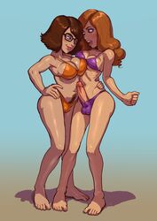 1futa 1girls ball_bulge balls balls_in_panties balls_under_clothes big_breasts bikini bob_cut breasts brunette cleavage daphne_blake dickgirl duo erection female futanari glasses hair human intersex landing_strip large_breasts linda_cardellini mostly_nude nerd pale_skin panties panty_bulge pears_(artist) penis penis_out pubic_hair redhead sarah_michelle_gellar scooby-doo standing stomach_hair testicle_bulge velma_dinkley velma_dinkley_(linda_cardellini)