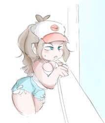 balcony big_breasts clothed clothes clothing cute fully_clothed hat hilda_(pokemon) jean_shorts lewdenant_dan looking_to_the_side open_mouth pokemon shirt shorts shortstack