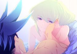 2boys after_sex androgynous bed bedroom bob_cut femboy galo_thymos gay lio_fotia looking_at_another looking_at_partner on_bed pov promare short_hair skinny skinny_male twink yaoi